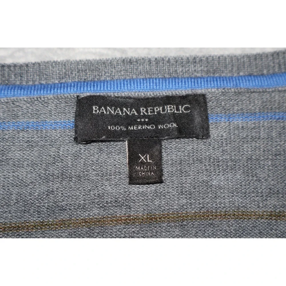 Banana Republic Sweater Mens XL Gray Striped Merino Wool Crew Neck Long Sleeve